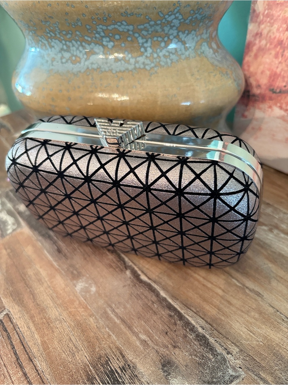 Emporio Armani Silver Metallic Geometric Clutch like new condition
